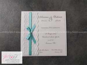 partecipazione matrimonio con elegante fascia in pizzo e nastrino in raso color tiffany