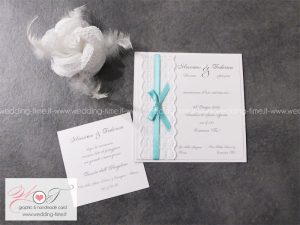 partecipazione matrimonio con elegante fascia in pizzo e nastrino in raso color tiffany