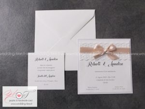partecipazione matrimonio elegante pizzo e nastro rosa cipria