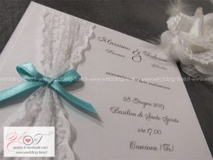 Partecipazione Matrimonio Elegante Raffinata con Pizzo e nastro in raso tiffany