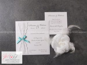 Partecipazione Matrimonio Elegante Raffinata con Pizzo e nastro in raso tiffany