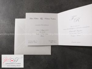 partecipazione di matrimonio elegante con pizzo e nastro salmone