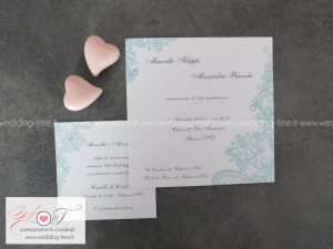 partecipazione matrimonio con stampa di pizzo color tiffany e strass luminosi