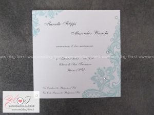 partecipazione matrimonio con stampa di pizzo color tiffany e strass luminosi