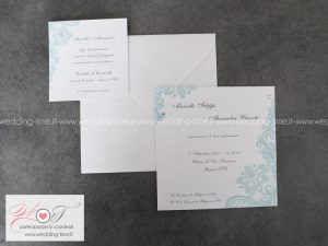 partecipazione matrimonio con stampa di pizzo color tiffany e strass luminosi