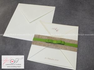 partecipazione matrimonio rustica con yuta e nastro verde salvia