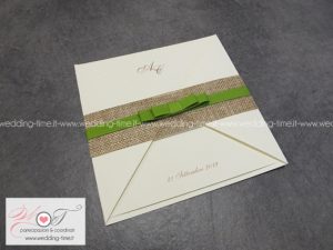 partecipazione matrimonio rustica con yuta e nastro verde salvia